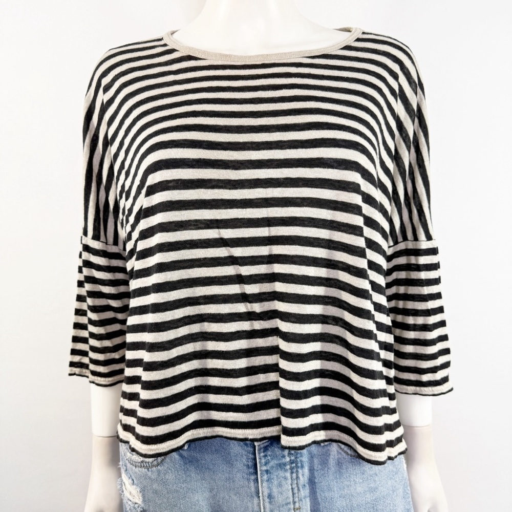 Ichi Antiquites Black Gray Striped Sweater Top One Size Linen Knit Lagenlook